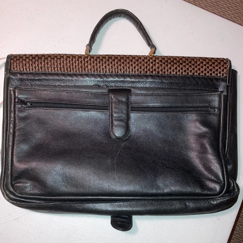RARE Gorgeous XL black leather w/ woven front large briefcase flawless condition
